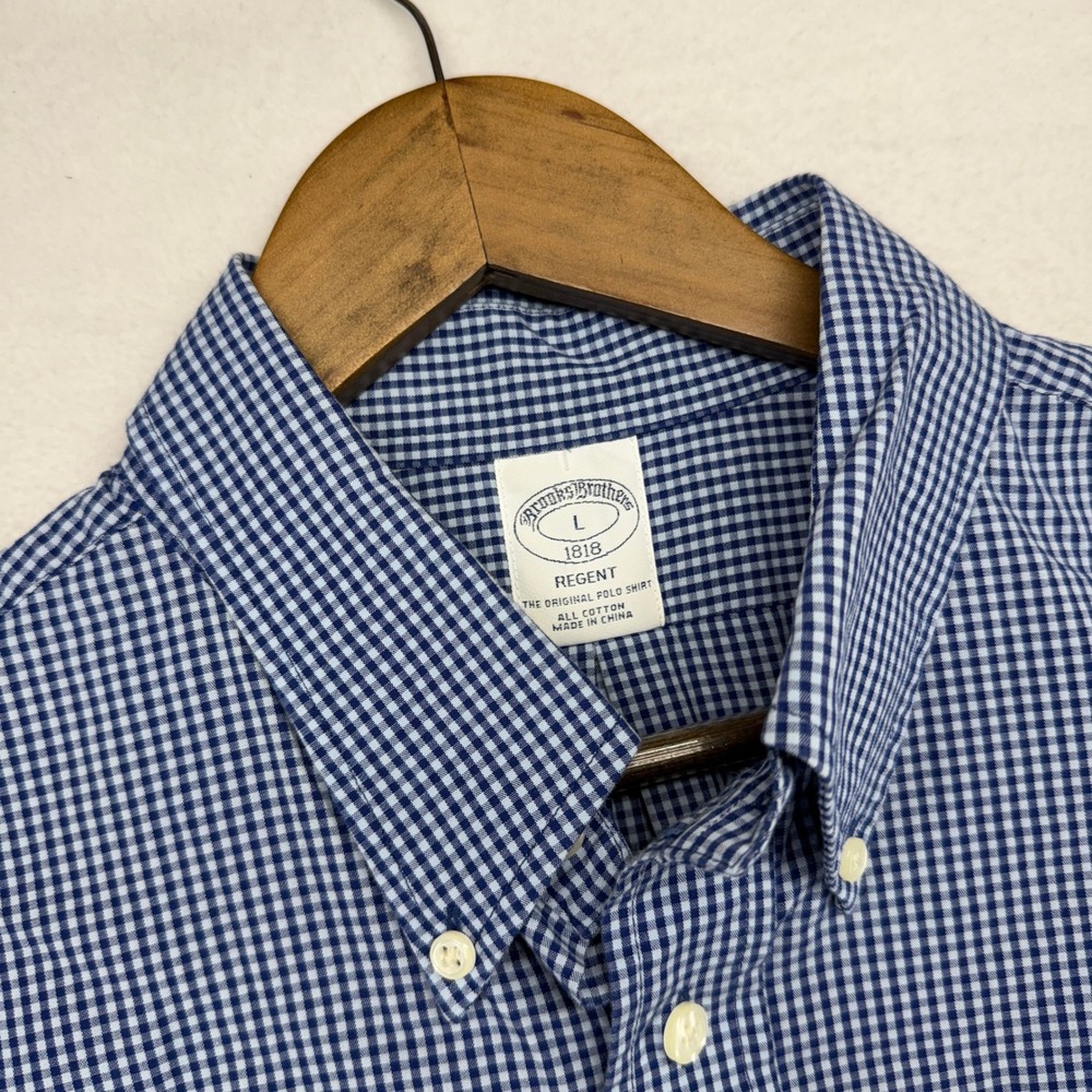 Brooks Brothers Button Down Shirt Mens Large Blue Regent Gingham Short Sleeve